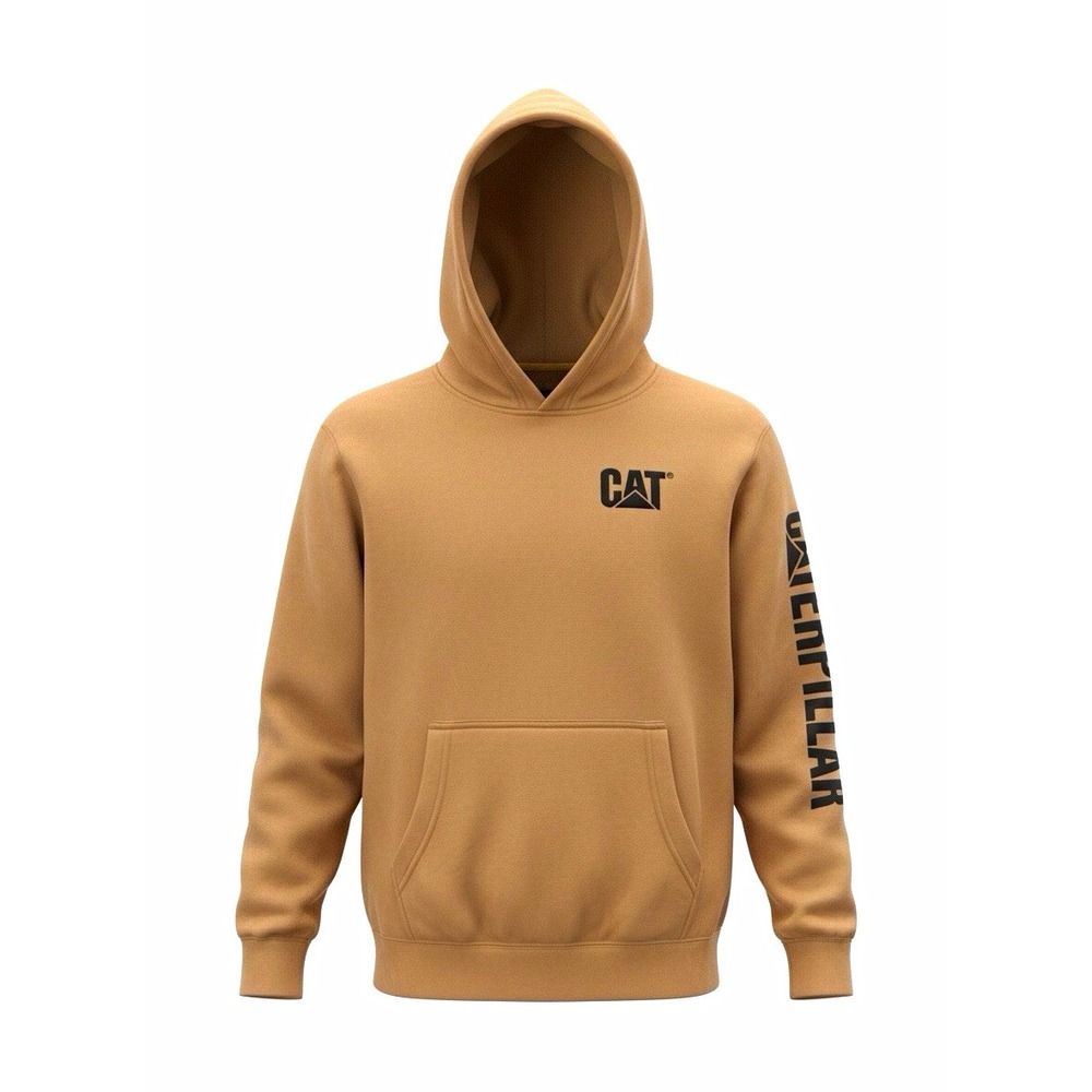 CAT Boys Tan Pullover Hoodie 14-16 Fleece Cotton Logo Pocket Long Sleeve